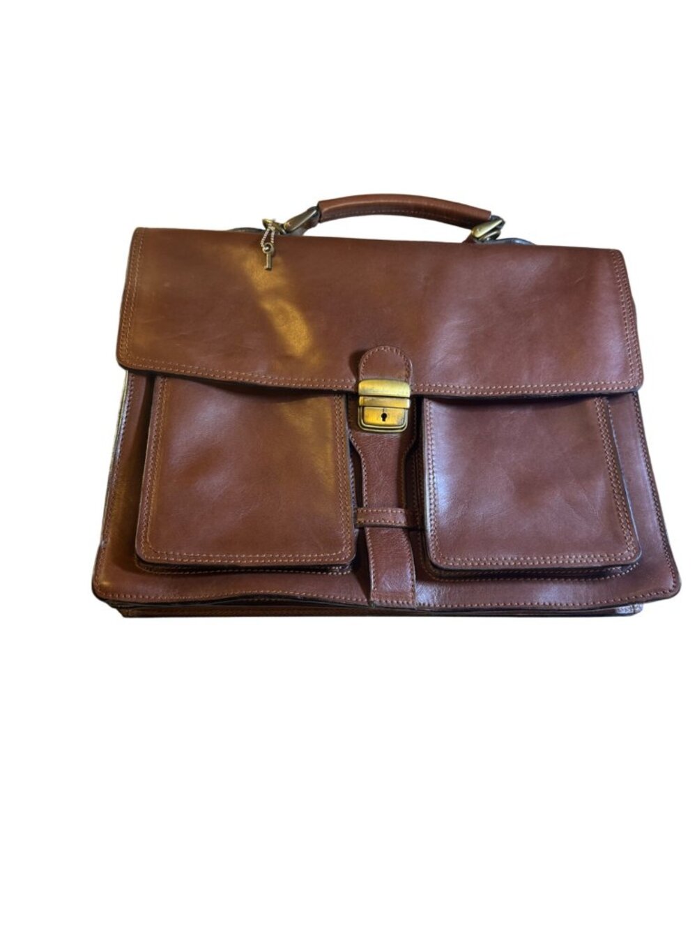 Vintage Italian Brown Leather Briefcase With Lock & Key
